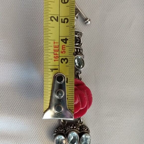 VINTAGE 925 Silver Bracelet with 10 TOPAZ and 3 Red Roses Toggle Closure - Picture 3 of 13